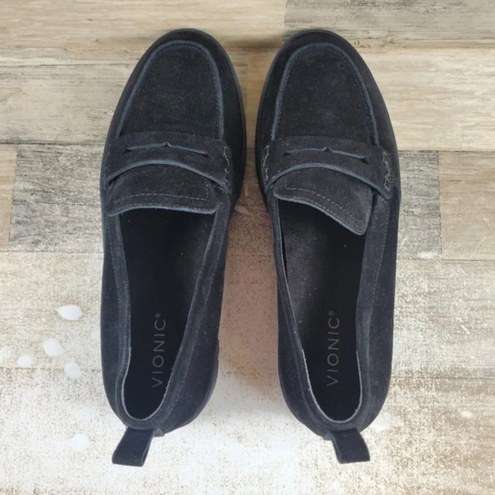 VIONIC Uptown Womens‎ Flat Loafers Sz 11 W Black Suede Leather Slip On Round Toe